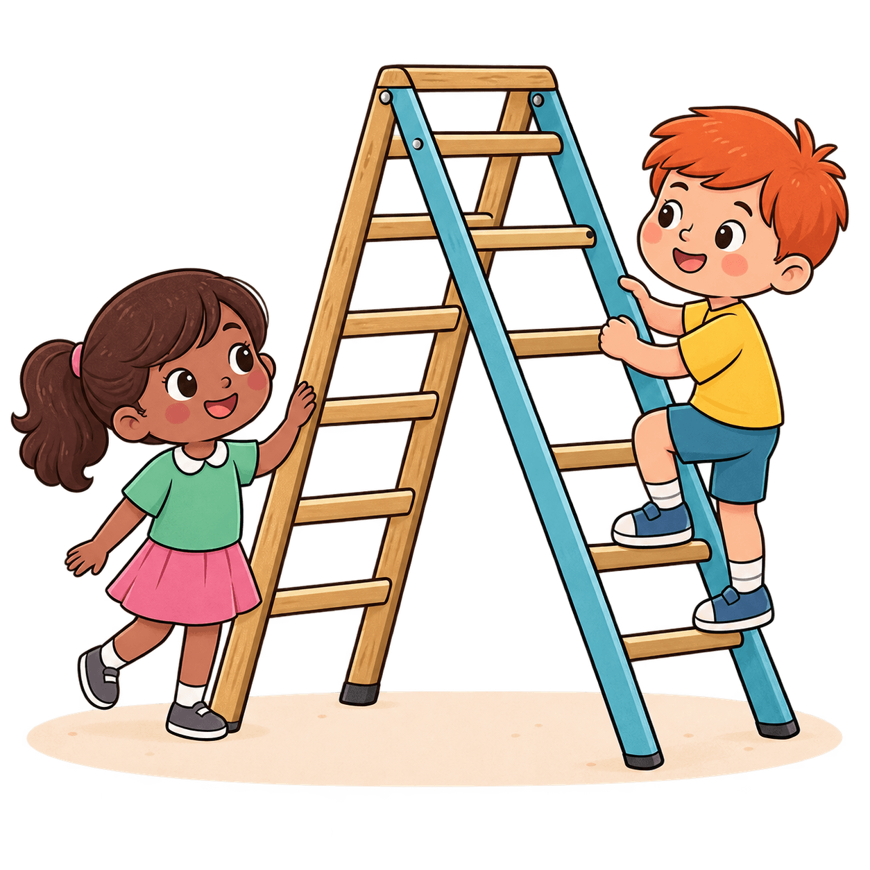 Two children playing together with a ladder