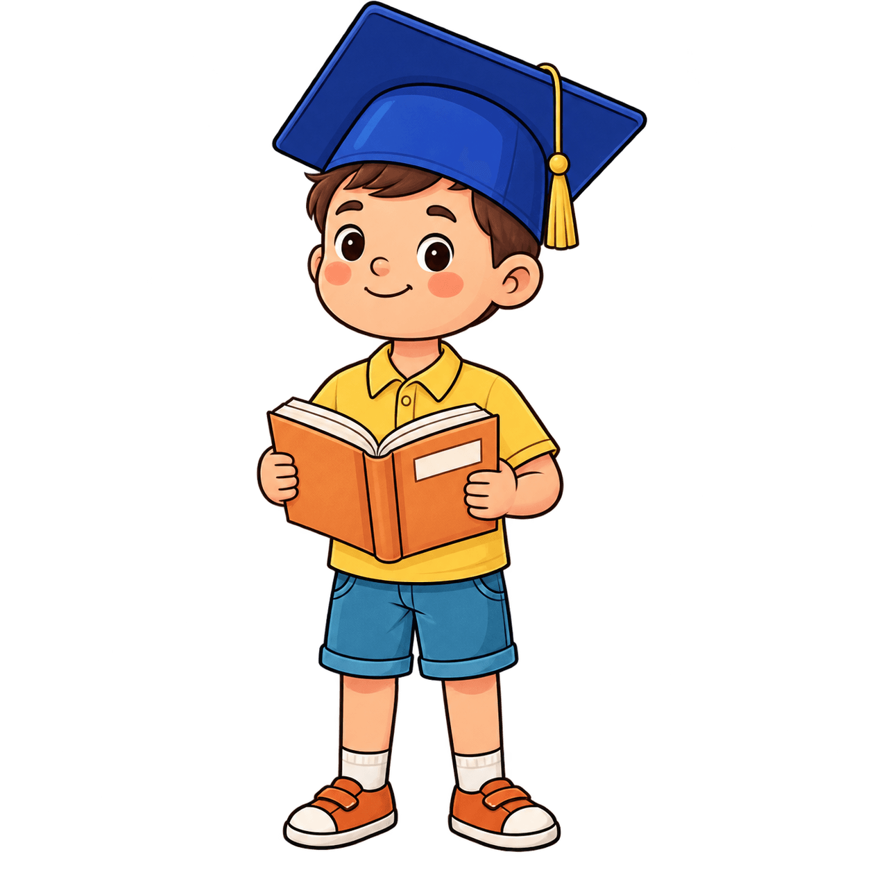 Child wearing a graduation cap and holding an open book