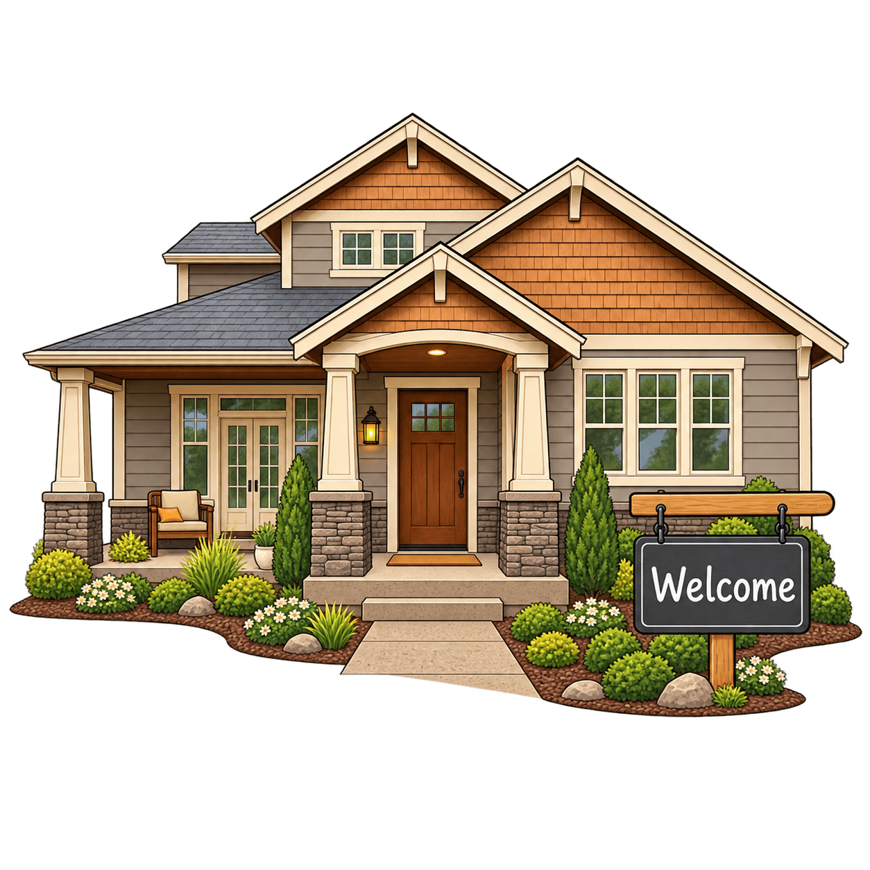 A craftsman-style house with a welcome sign