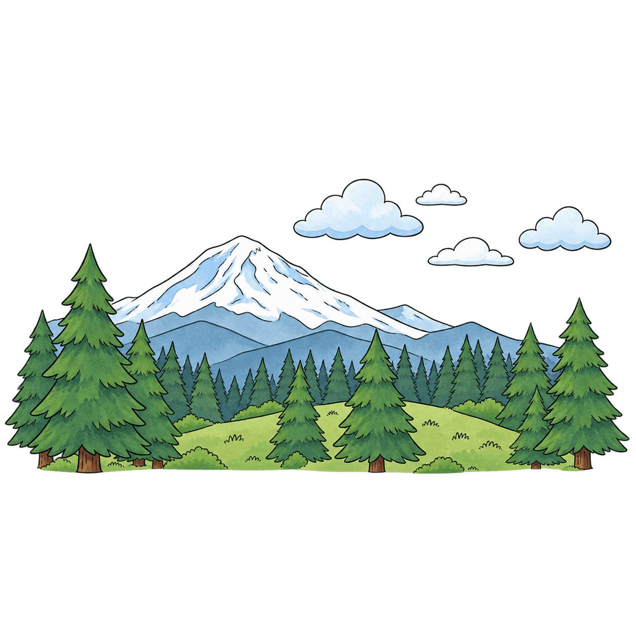 Illustration of a snow-capped mountain behind an evergreen forest